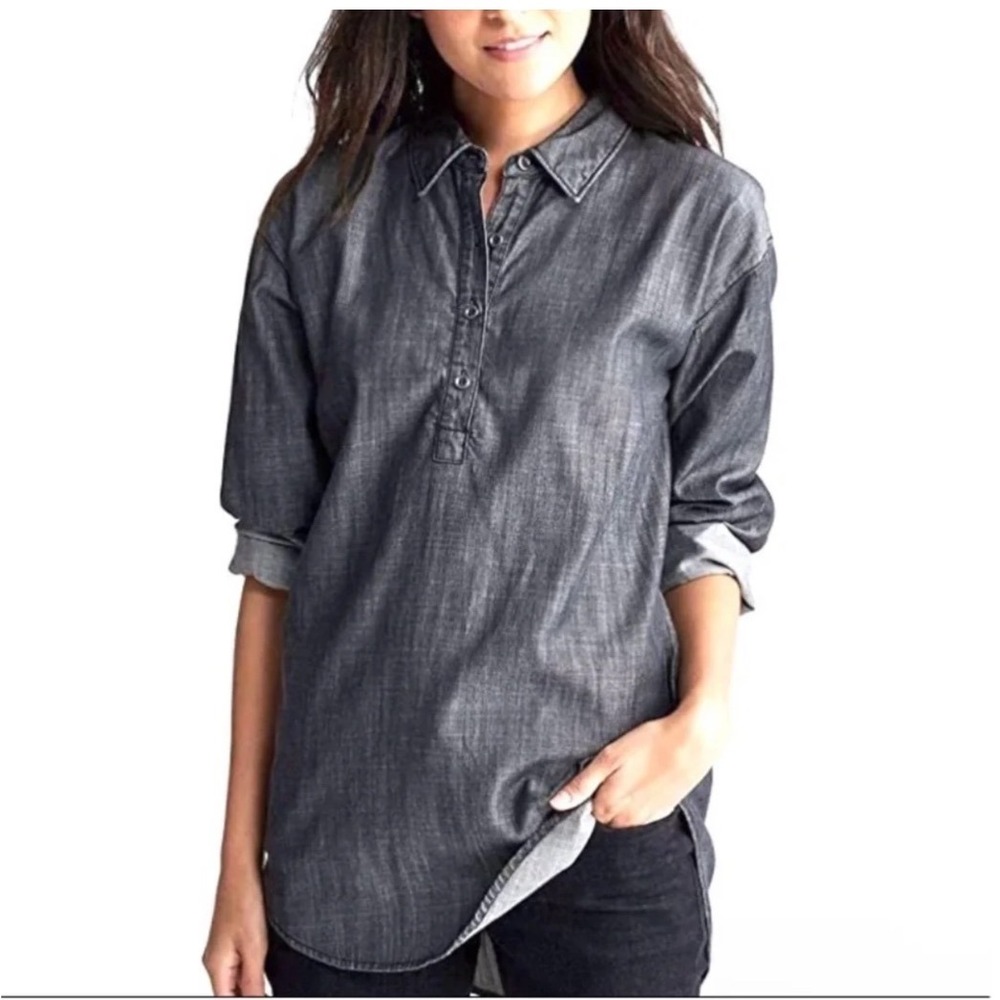 Eileen Fisher Gray Tencel Organic Cotton Tunic Henley Top Long Sleeve